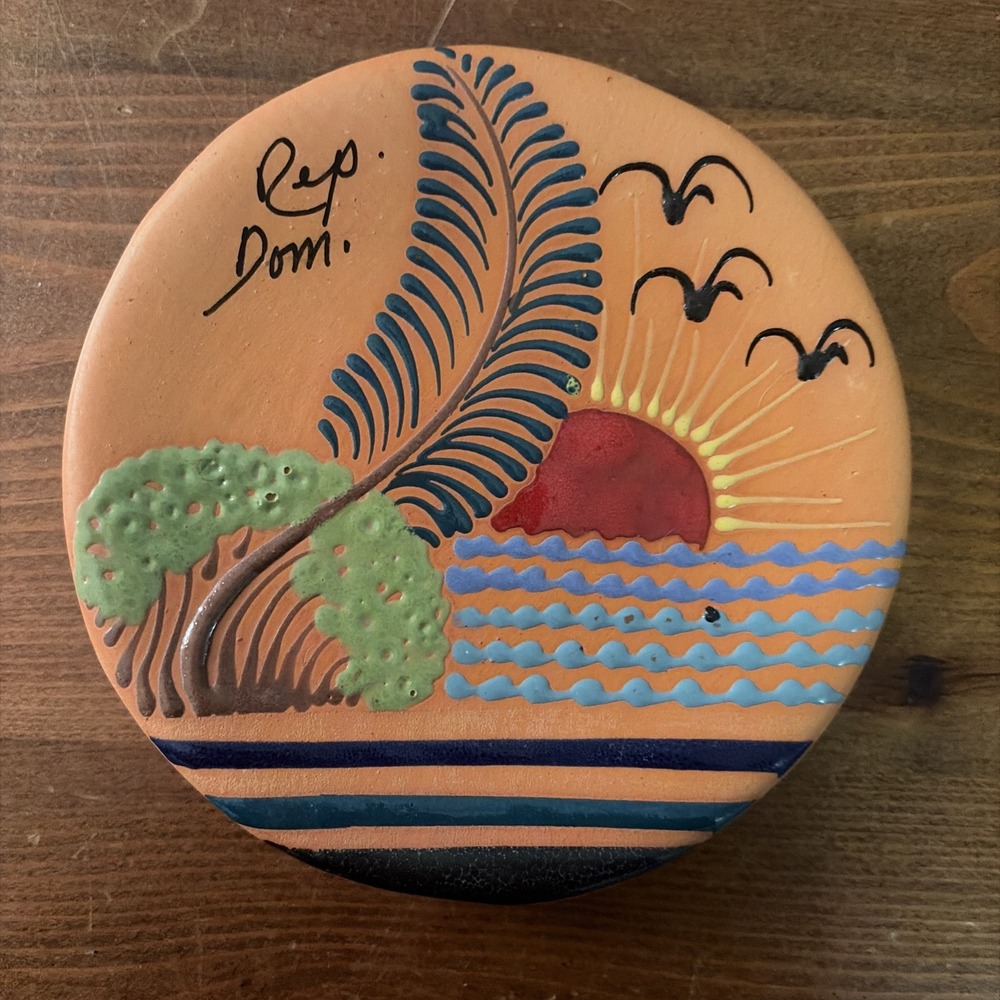 Vtg Mexican Boho Terracotta Clay Pottery Wall Plaque Sunset 5" Diameter